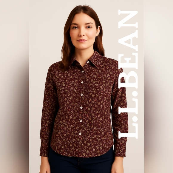 LL Bean Red Maroon Floral Wrinkle Free Long Sleeve Shirt Womens Cottage(#848) - Picture 1 of 9